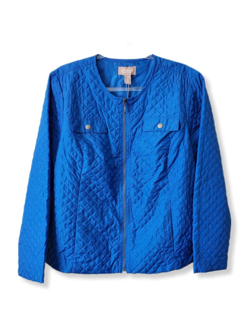 Chicos Women Cropped Quilted Blue Jacket L 2 Ladylike Coastal Casual Career NEW